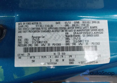 2012 Ford Focus Sel z USA, uszkodzony, nr VIN 1FAHP3M22CL426020